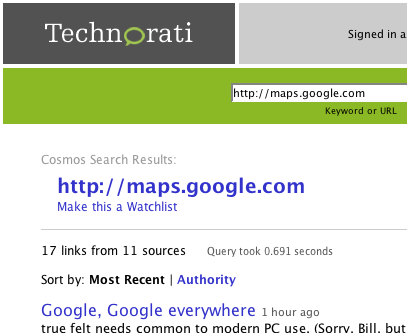 technorati result for a search of maps.google.com